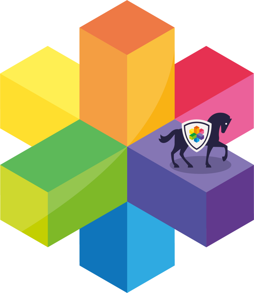 PrismaCentric emblem: six colorful isometric cubes forming a hexagonal prism, with a dark horse carrying a shield standing on the purple cube